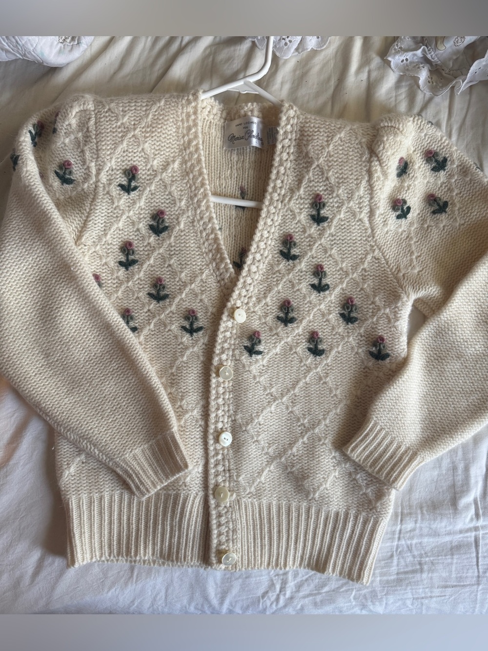 Vintage Marisa Christina hand knit ivory floral cardigan